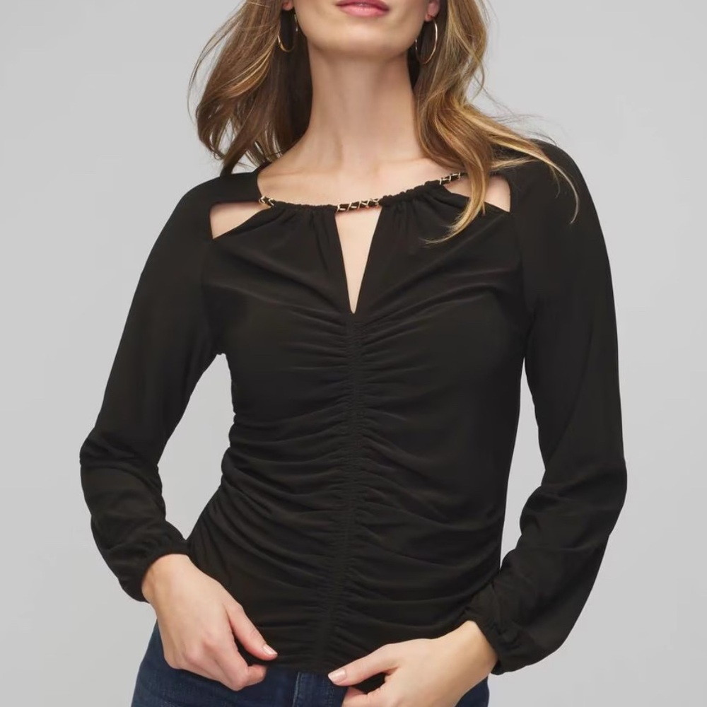 White House Black Market Long Sleeve Ruched Chain Black Matte Jersey Top